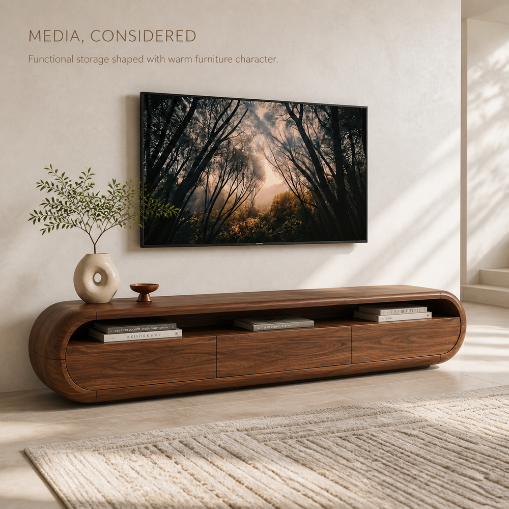 Dorian Sculptural Solid Wood TV Stand - Design 040 - TV stand detail and styling view 02