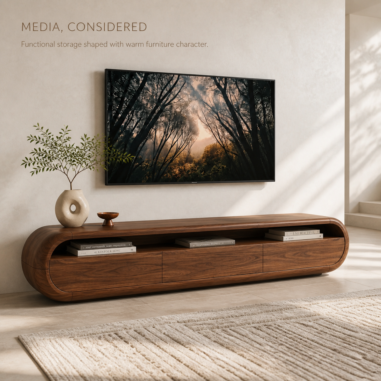 Dorian Sculptural Solid Wood TV Stand - Design 040 - TV stand detail and styling view 02