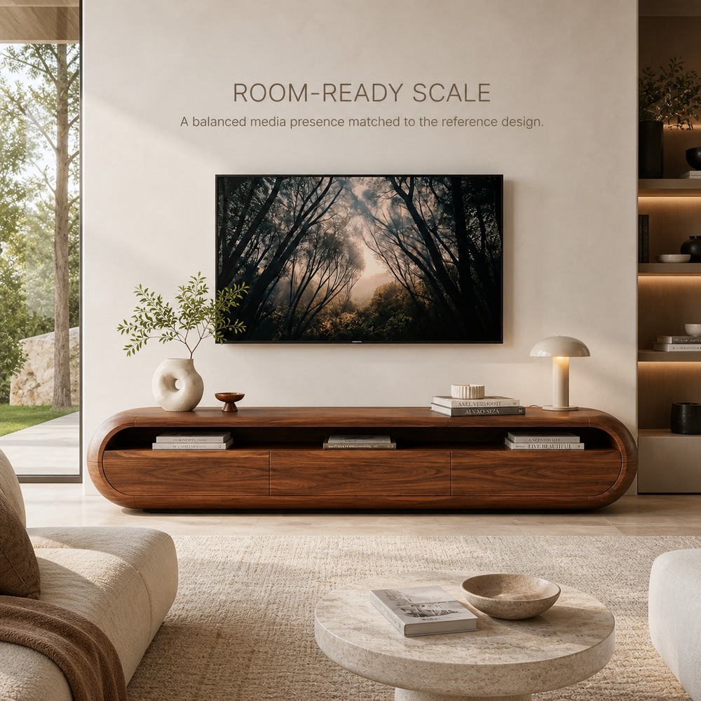Dorian Sculptural Solid Wood TV Stand - Design 040 - TV stand detail and styling view 03