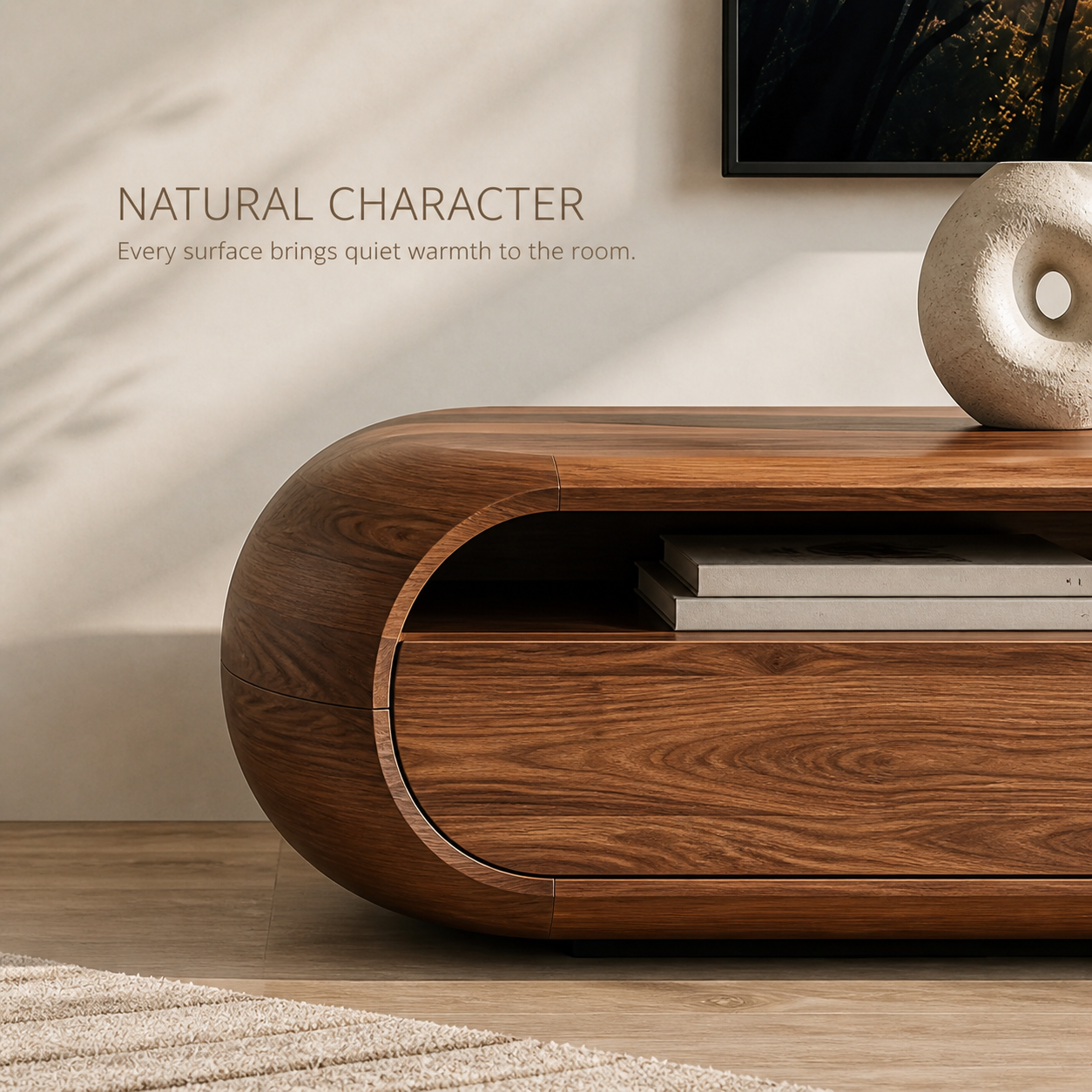 Dorian Sculptural Solid Wood TV Stand - Design 040 - TV stand detail and styling view 04