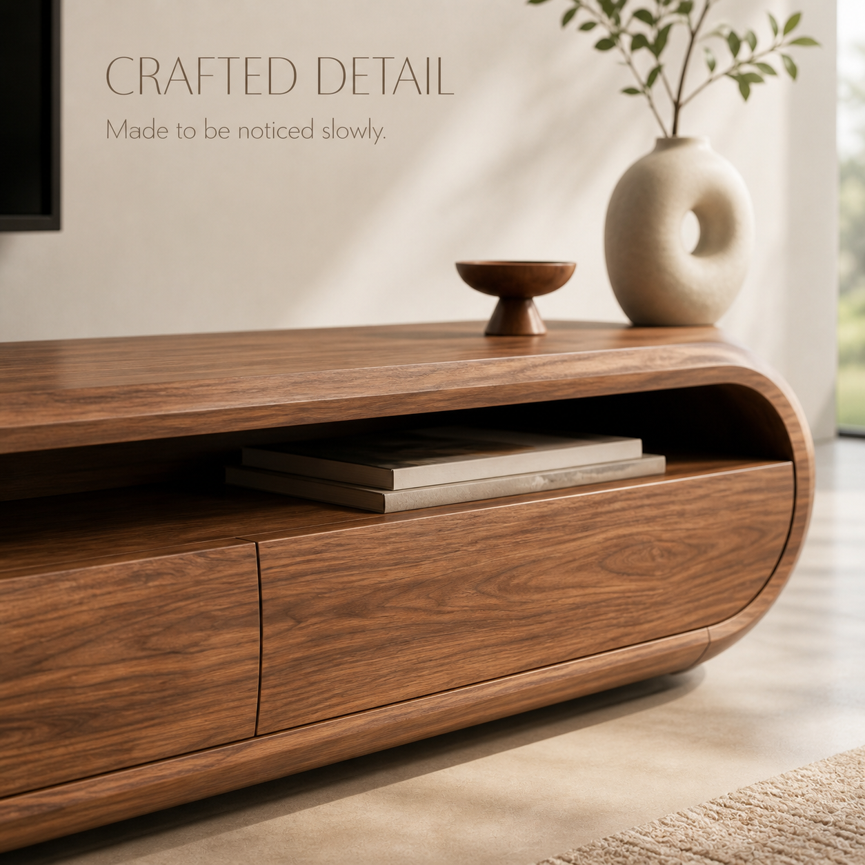 Dorian Sculptural Solid Wood TV Stand - Design 040 - TV stand detail and styling view 05