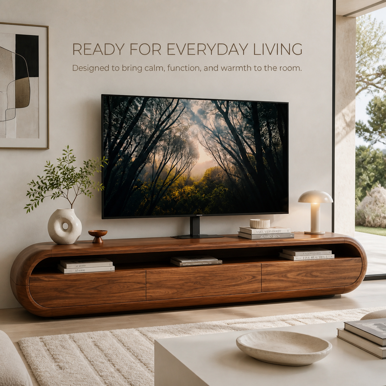 Dorian Sculptural Solid Wood TV Stand - Design 040 - TV stand detail and styling view 06