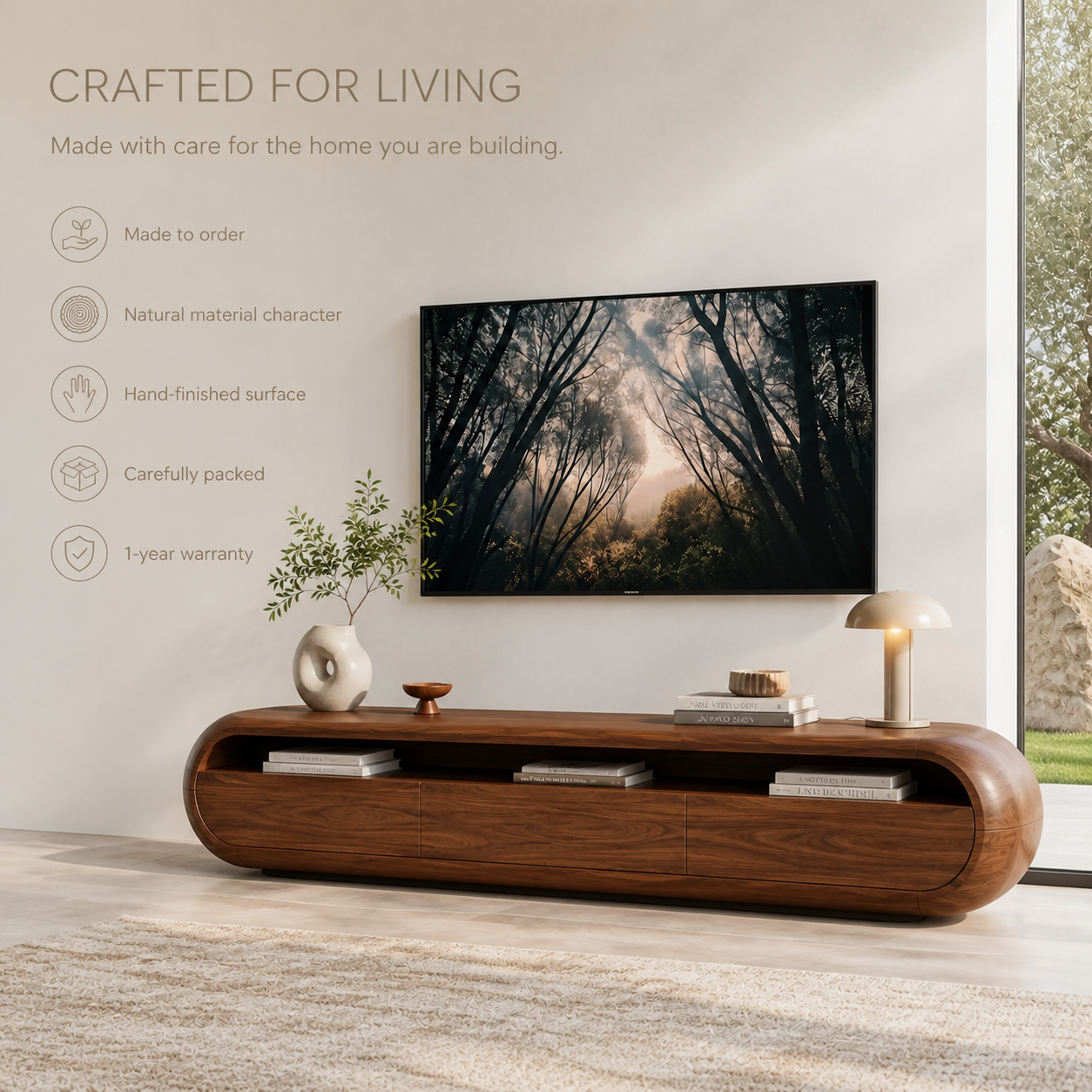 Dorian Sculptural Solid Wood TV Stand - Design 040 - TV stand detail and styling view 08