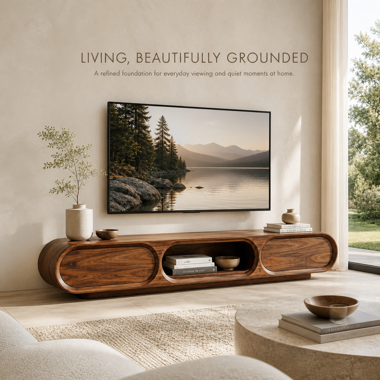 Neria Sculptural Solid Wood TV Stand - Design 041 - TV stand detail and styling view 01