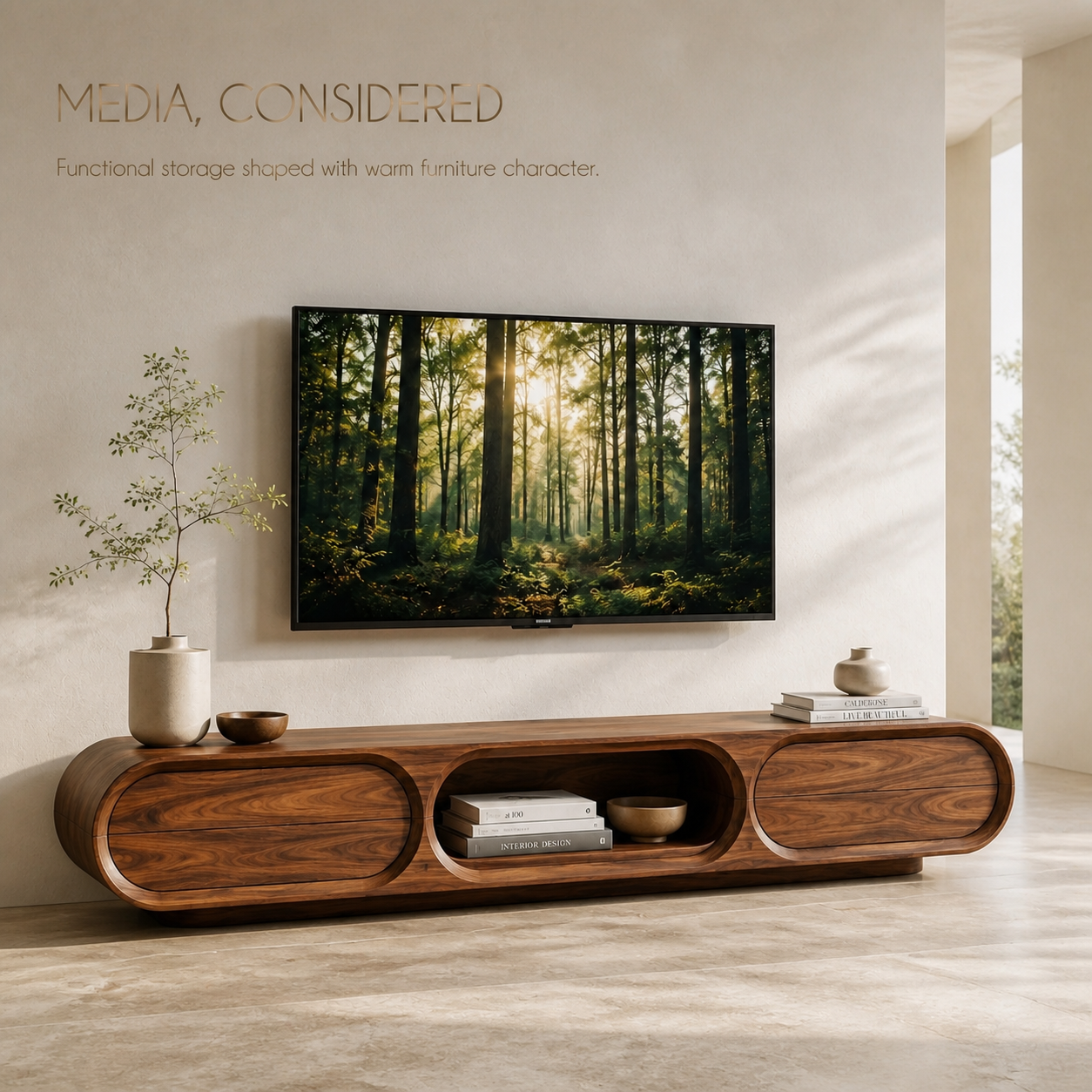 Neria Sculptural Solid Wood TV Stand - Design 041 - TV stand detail and styling view 02