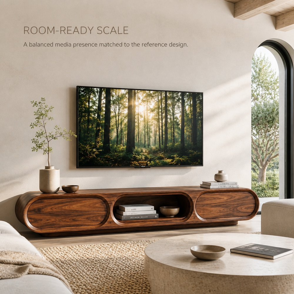 Neria Sculptural Solid Wood TV Stand - Design 041 - TV stand detail and styling view 03