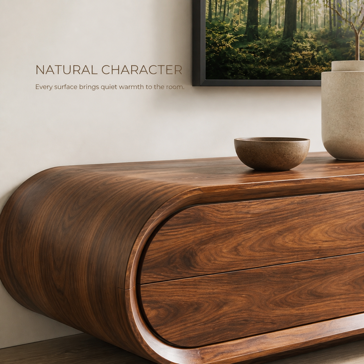 Neria Sculptural Solid Wood TV Stand - Design 041 - TV stand detail and styling view 04