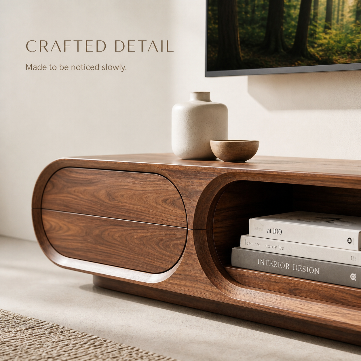 Neria Sculptural Solid Wood TV Stand - Design 041 - TV stand detail and styling view 05