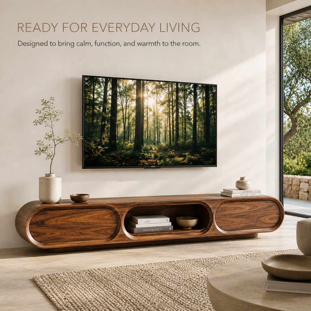 Neria Sculptural Solid Wood TV Stand - Design 041 - TV stand detail and styling view 06
