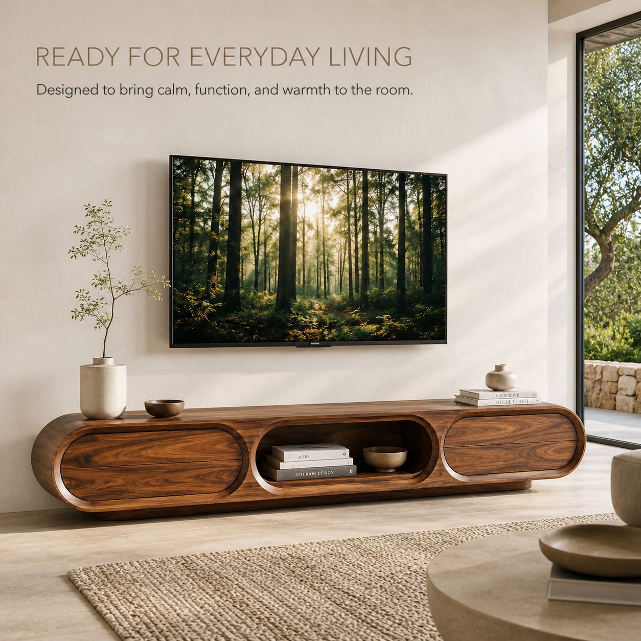 Neria Sculptural Solid Wood TV Stand - Design 041 - TV stand detail and styling view 06