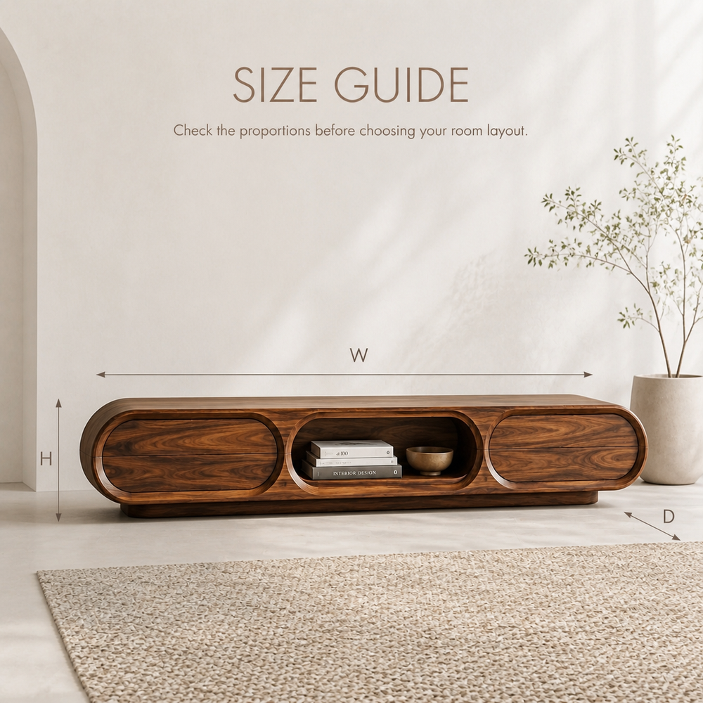Neria Sculptural Solid Wood TV Stand - Design 041 - TV stand detail and styling view 07