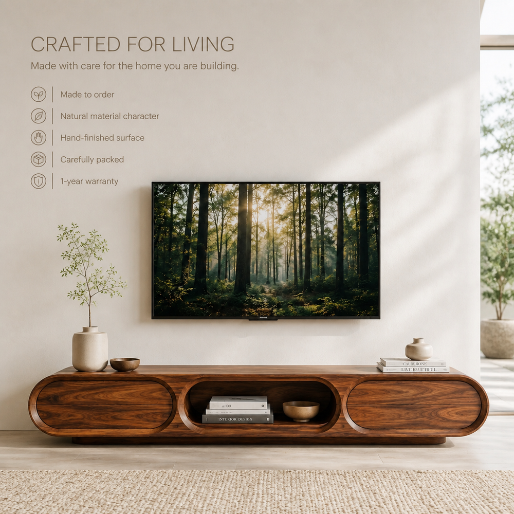 Neria Sculptural Solid Wood TV Stand - Design 041 - TV stand detail and styling view 08