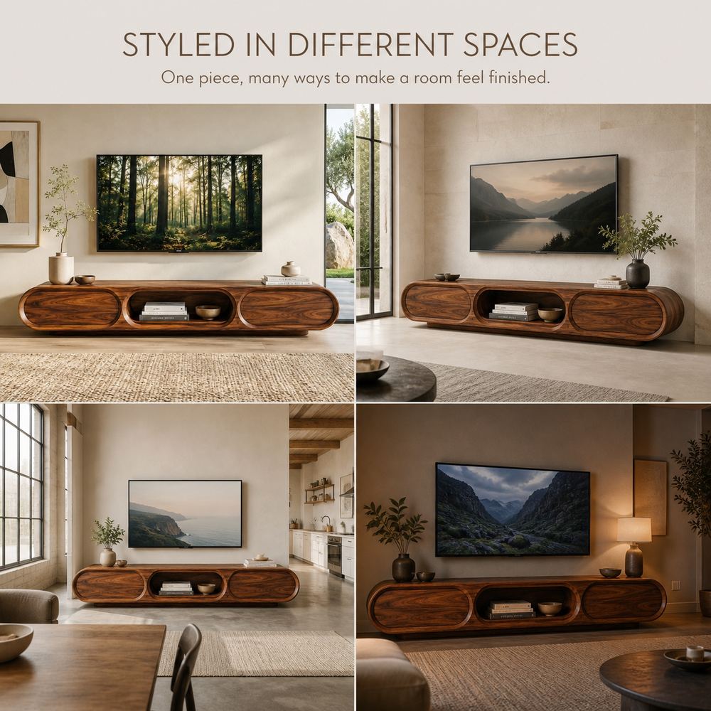 Neria Sculptural Solid Wood TV Stand - Design 041 - TV stand detail and styling view 09