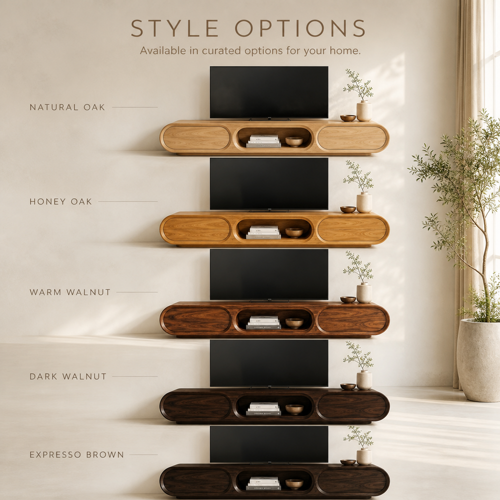 Neria Sculptural Solid Wood TV Stand - Design 041 - TV stand detail and styling view 10