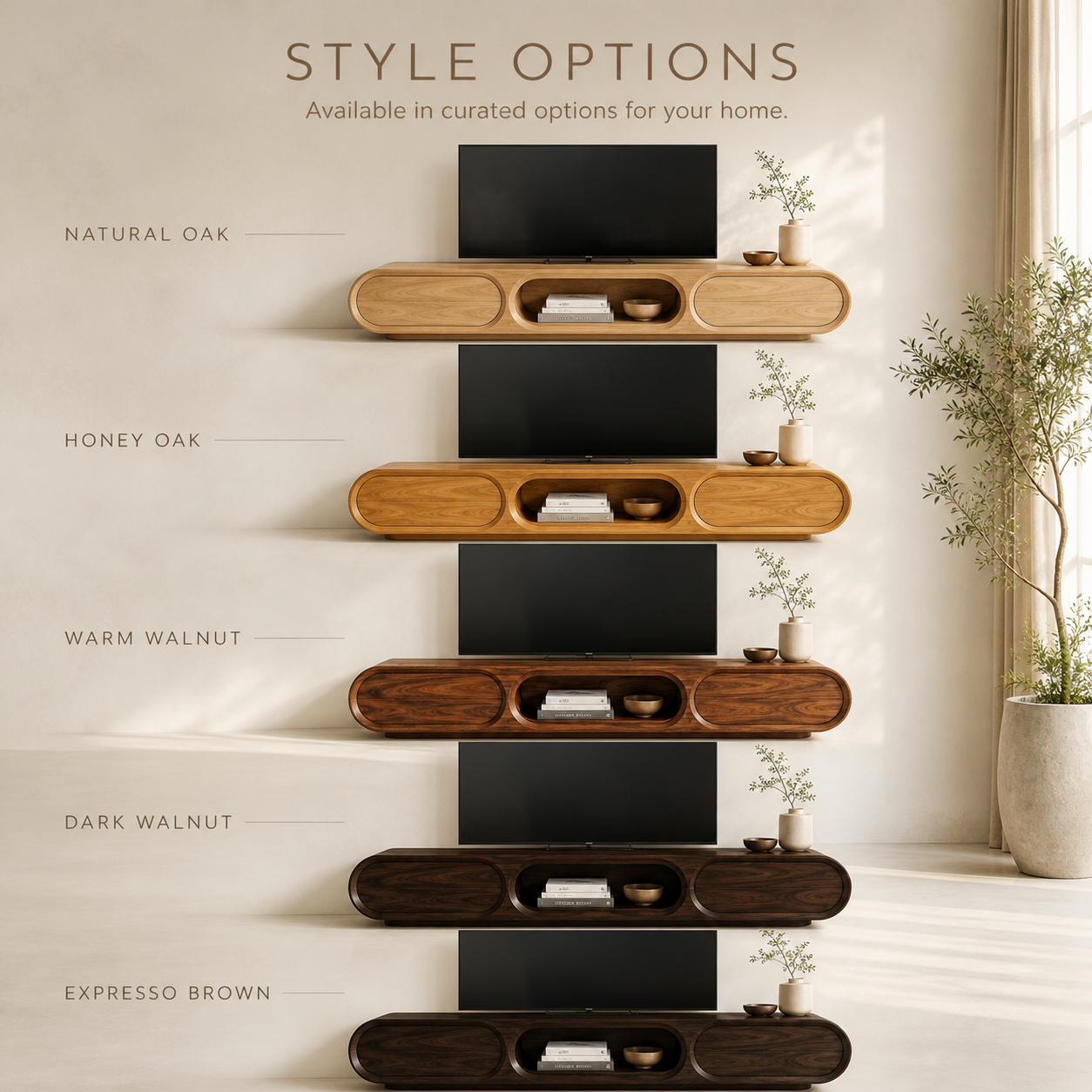 Neria Sculptural Solid Wood TV Stand - Design 041 - TV stand detail and styling view 10