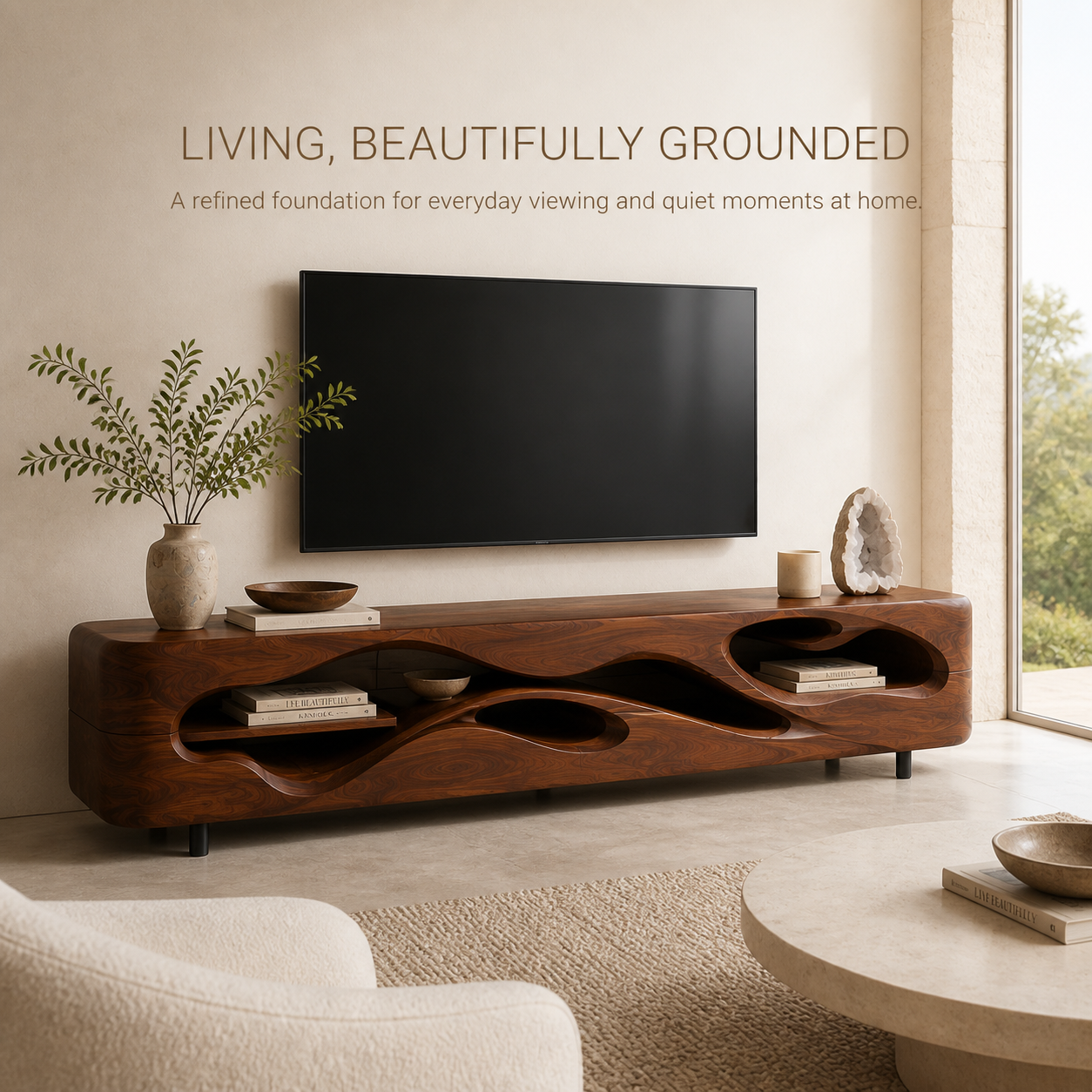 Aster Sculptural Solid Wood TV Stand - Design 042 - TV stand detail and styling view 01