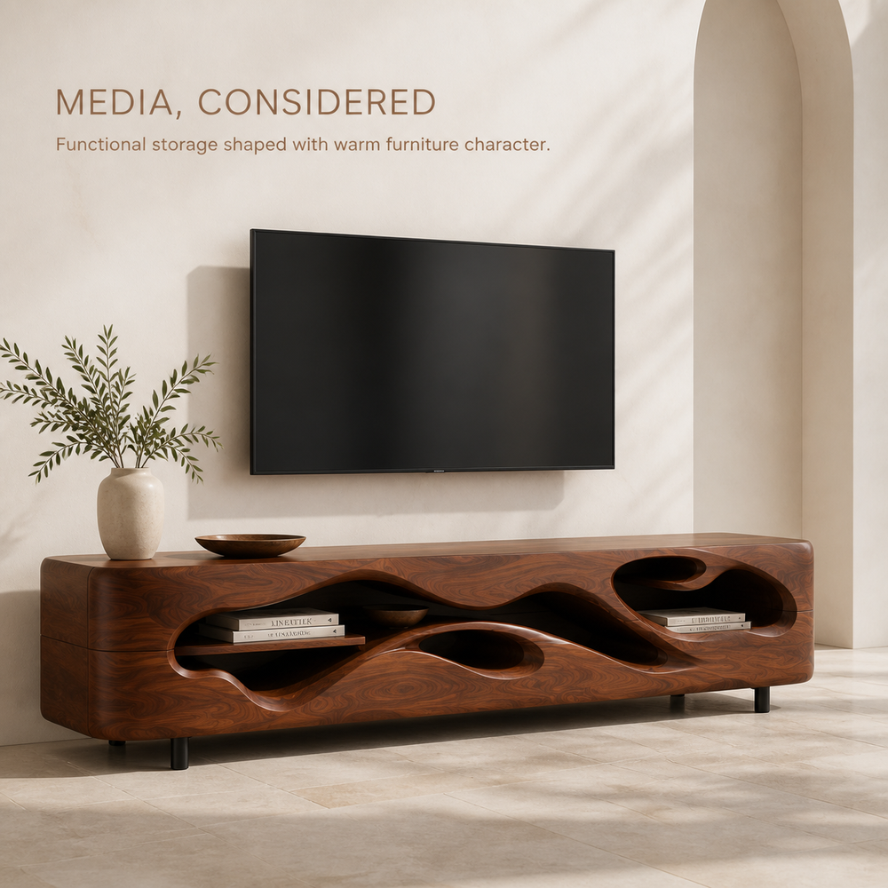 Aster Sculptural Solid Wood TV Stand - Design 042 - TV stand detail and styling view 02