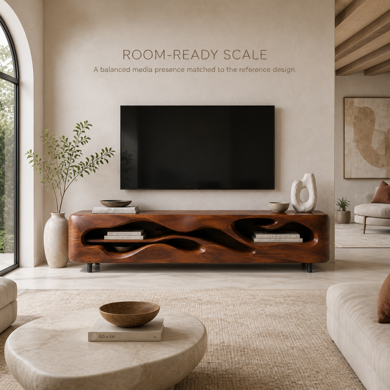 Aster Sculptural Solid Wood TV Stand - Design 042 - TV stand detail and styling view 03