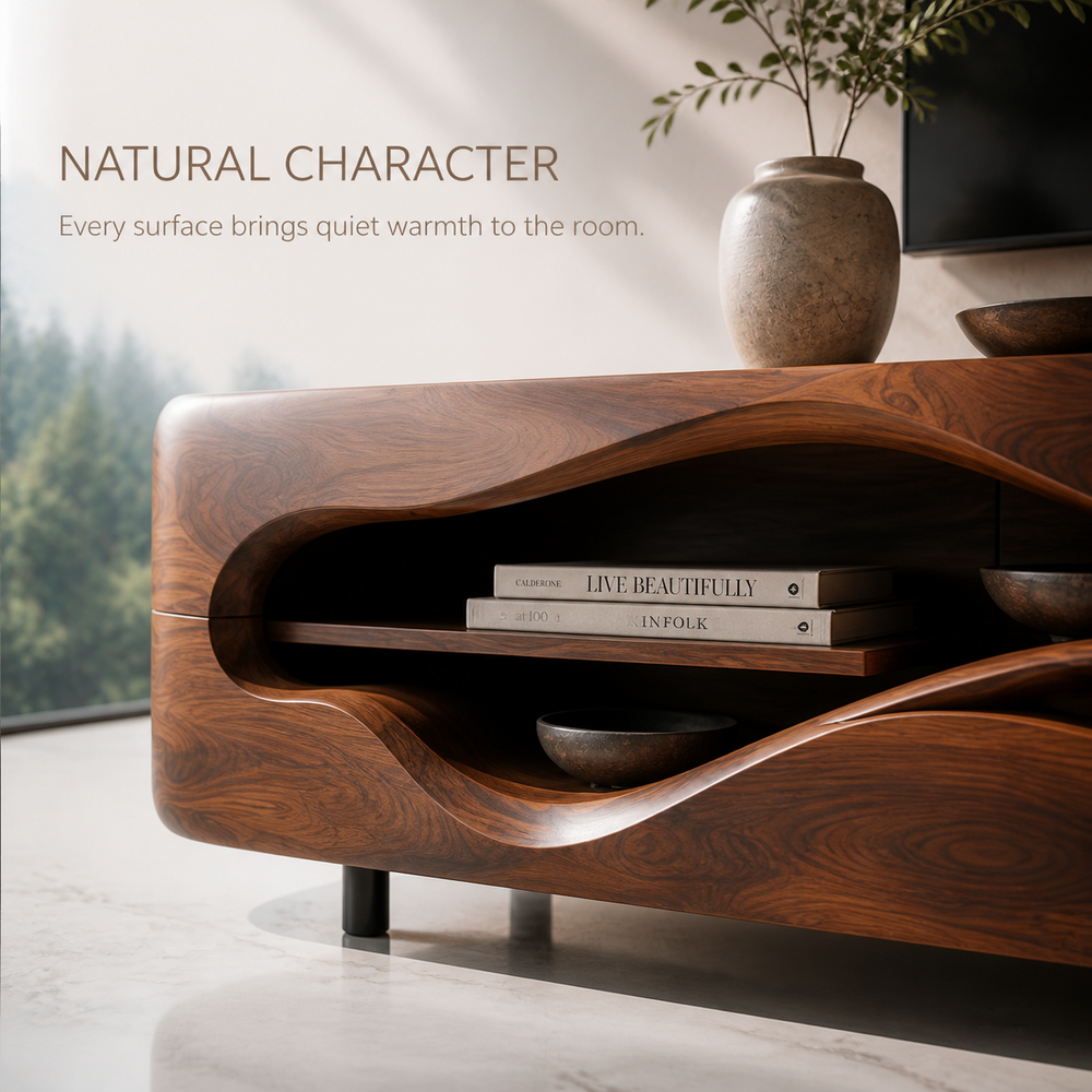 Aster Sculptural Solid Wood TV Stand - Design 042 - TV stand detail and styling view 04