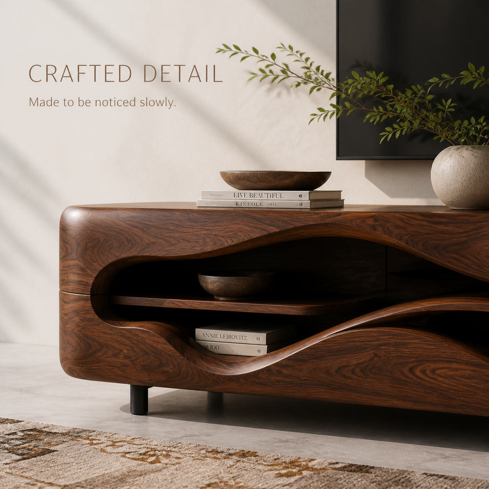 Aster Sculptural Solid Wood TV Stand - Design 042 - TV stand detail and styling view 05
