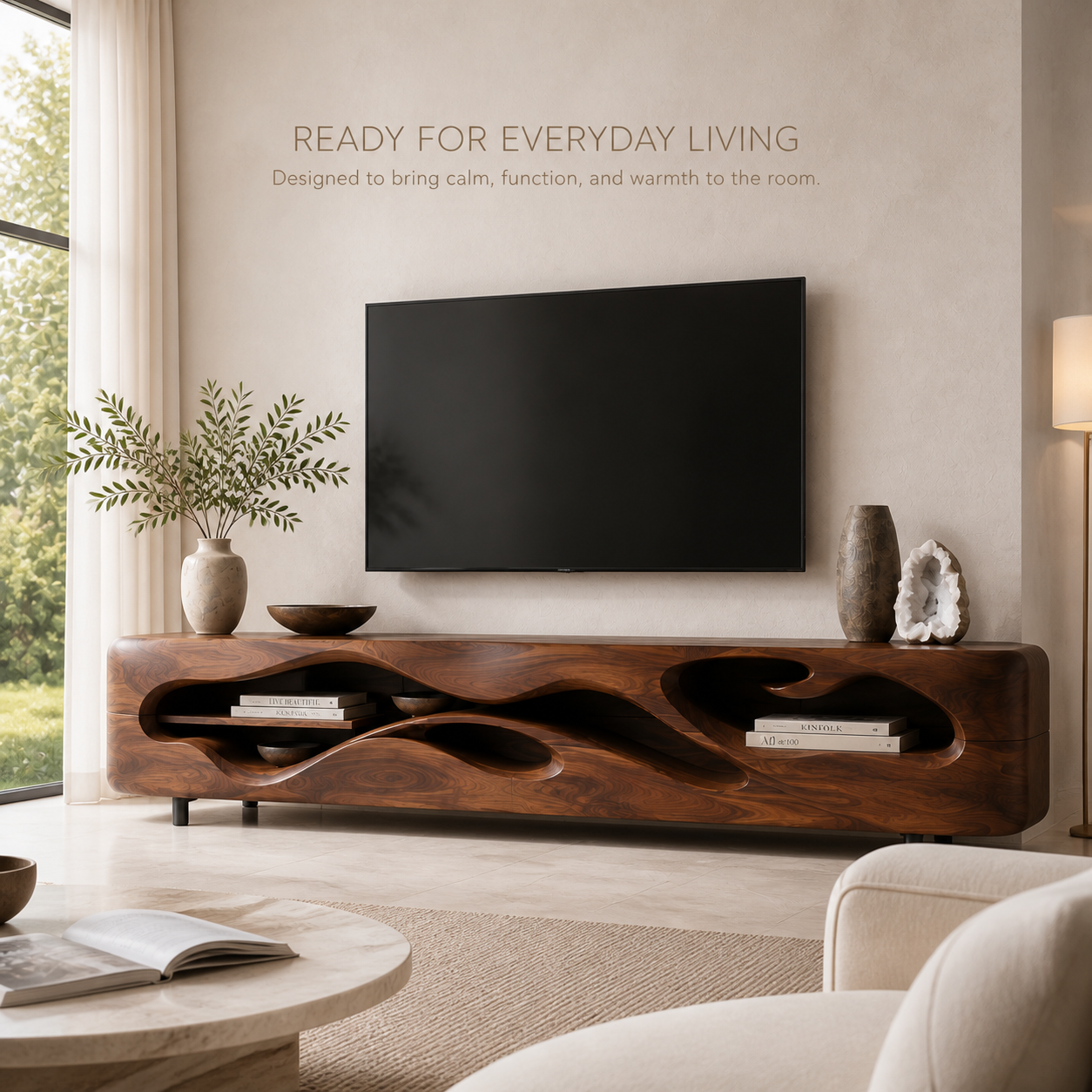 Aster Sculptural Solid Wood TV Stand - Design 042 - TV stand detail and styling view 06