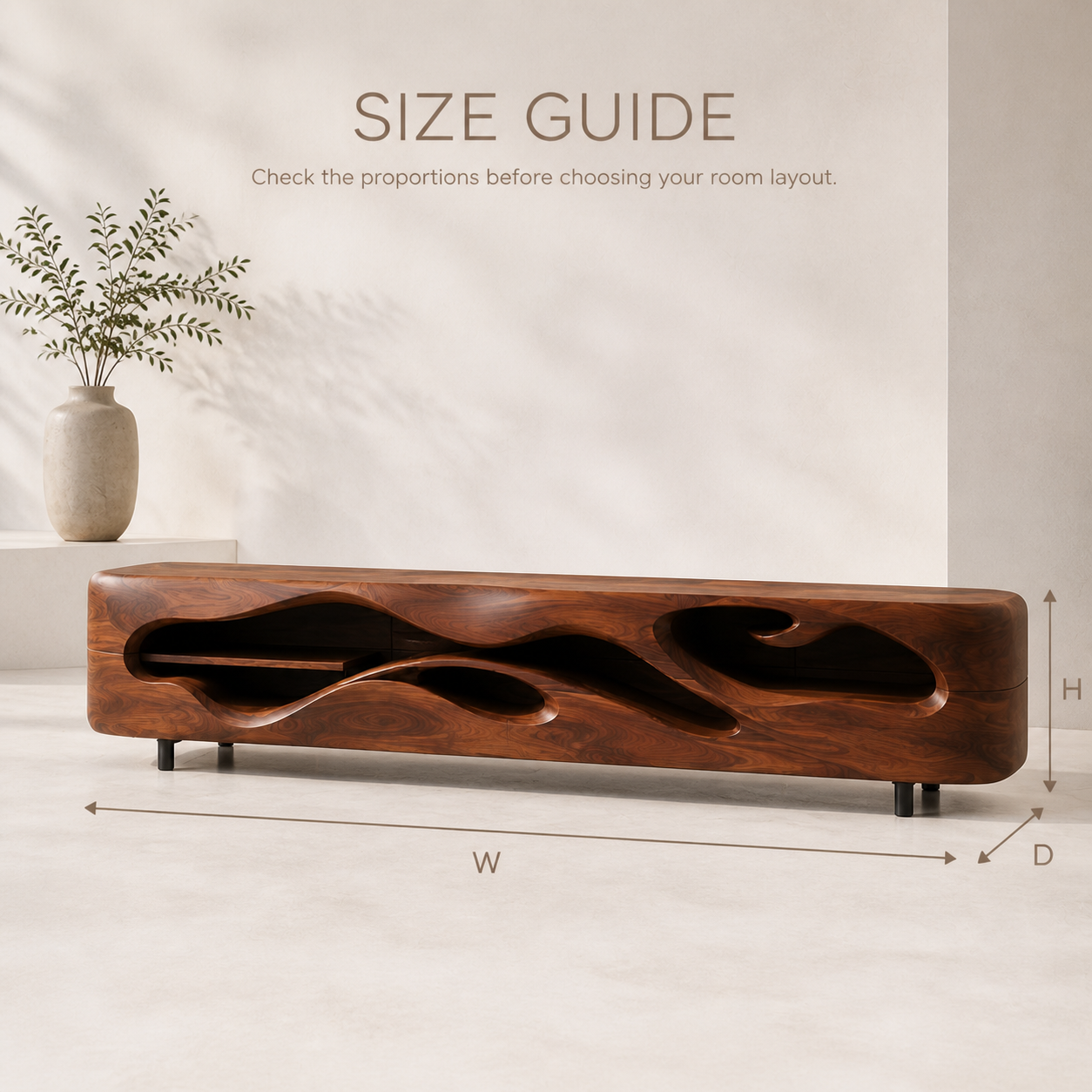 Aster Sculptural Solid Wood TV Stand - Design 042 - TV stand detail and styling view 07