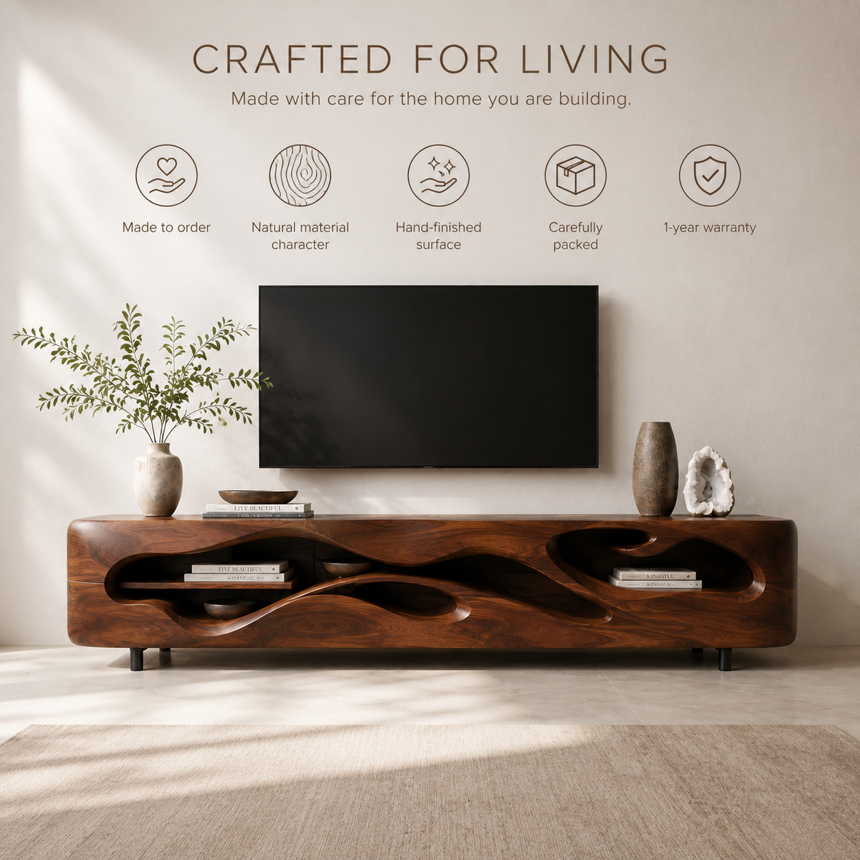Aster Sculptural Solid Wood TV Stand - Design 042 - TV stand detail and styling view 08