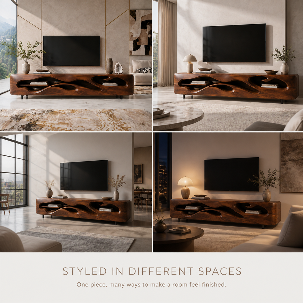 Aster Sculptural Solid Wood TV Stand - Design 042 - TV stand detail and styling view 09