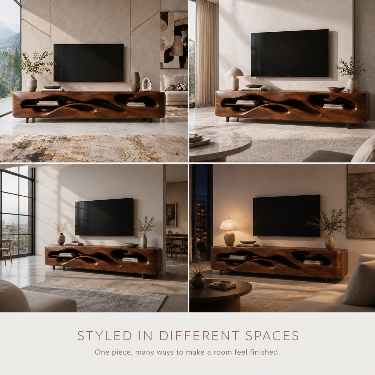 Aster Sculptural Solid Wood TV Stand - Design 042 - TV stand detail and styling view 09