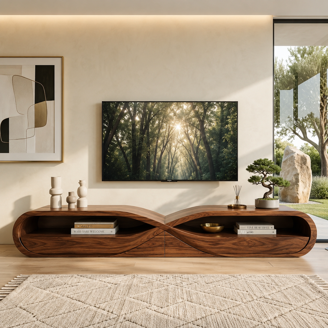 Linnea Sculptural Solid Wood TV Stand - Design 043 - premium solid wood TV stand main lifestyle view