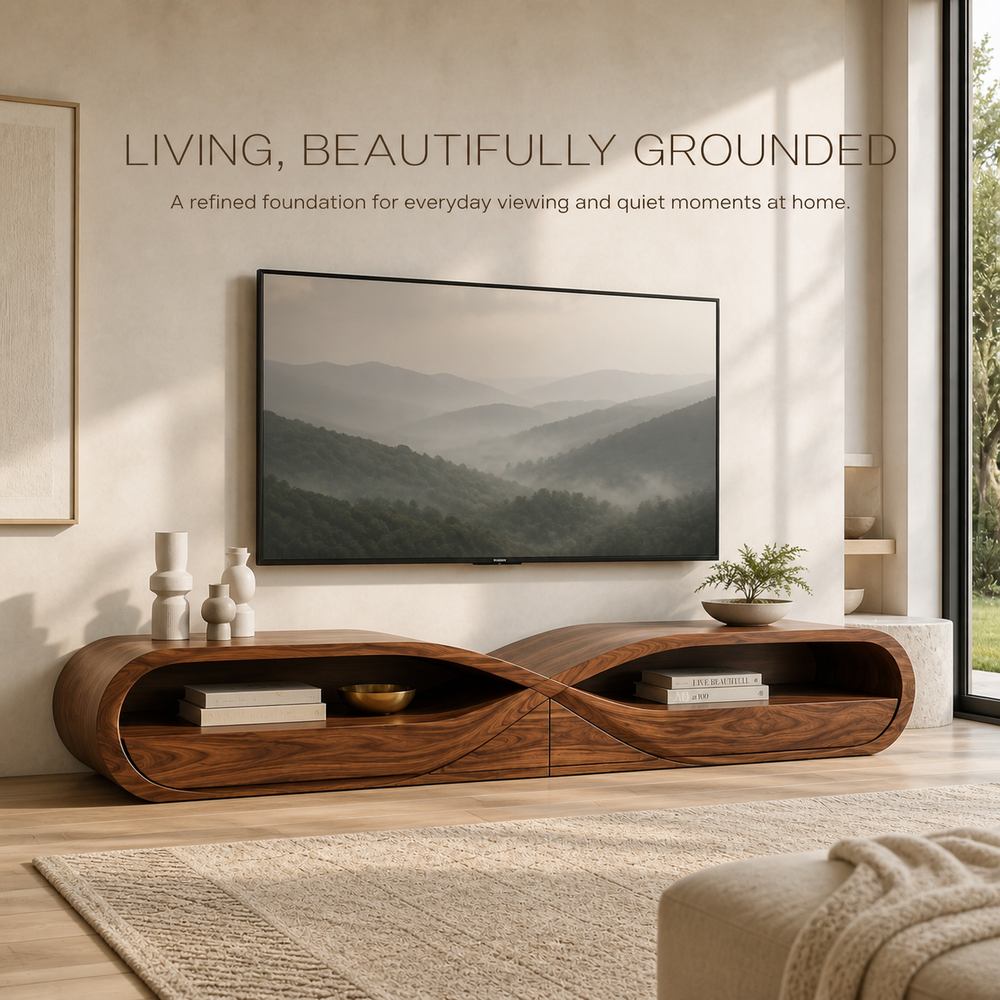 Linnea Sculptural Solid Wood TV Stand - Design 043 - TV stand detail and styling view 01