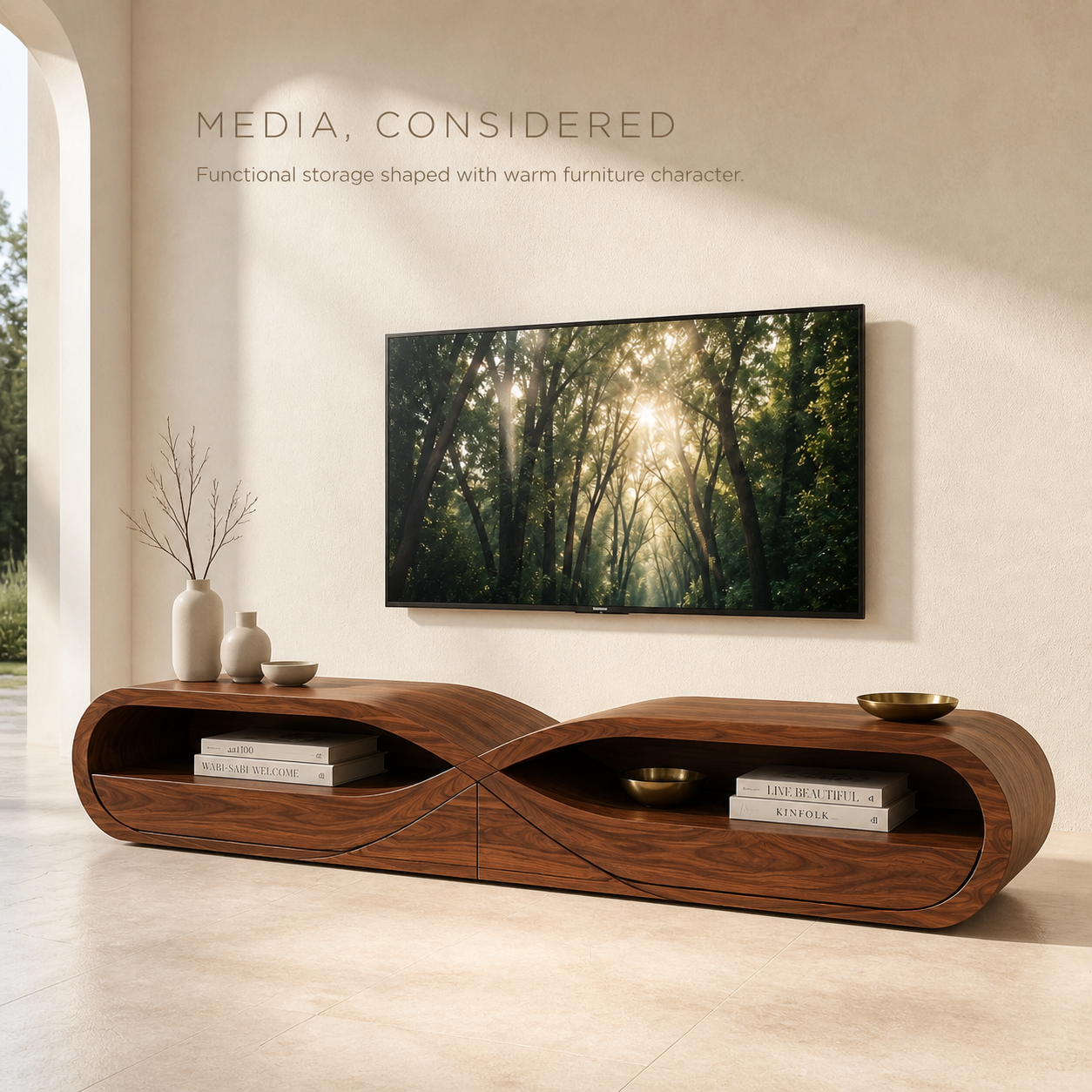Linnea Sculptural Solid Wood TV Stand - Design 043 - TV stand detail and styling view 02