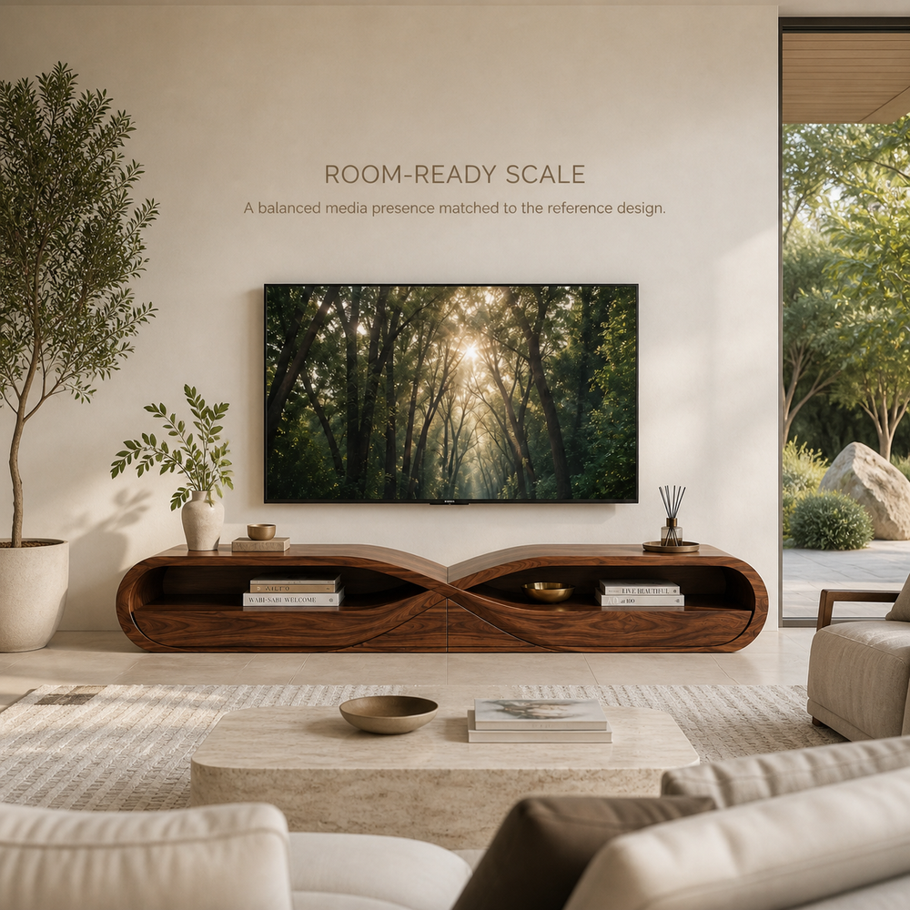 Linnea Sculptural Solid Wood TV Stand - Design 043 - TV stand detail and styling view 03