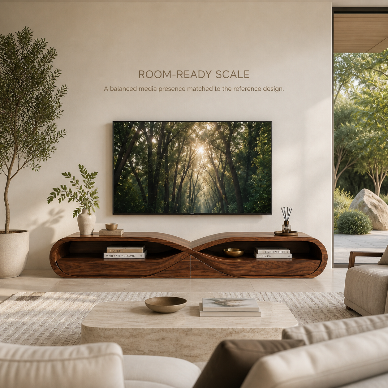 Linnea Sculptural Solid Wood TV Stand - Design 043 - TV stand detail and styling view 03