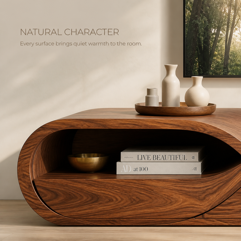 Linnea Sculptural Solid Wood TV Stand - Design 043 - TV stand detail and styling view 04