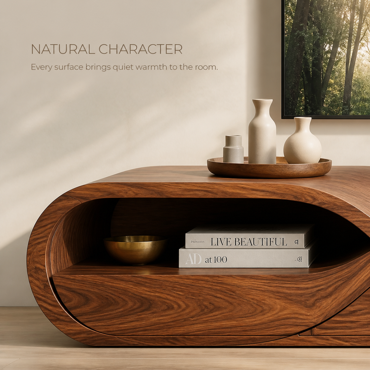 Linnea Sculptural Solid Wood TV Stand - Design 043 - TV stand detail and styling view 04