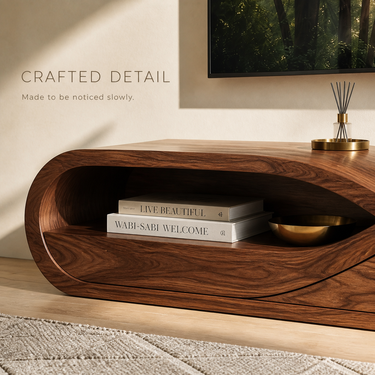 Linnea Sculptural Solid Wood TV Stand - Design 043 - TV stand detail and styling view 05