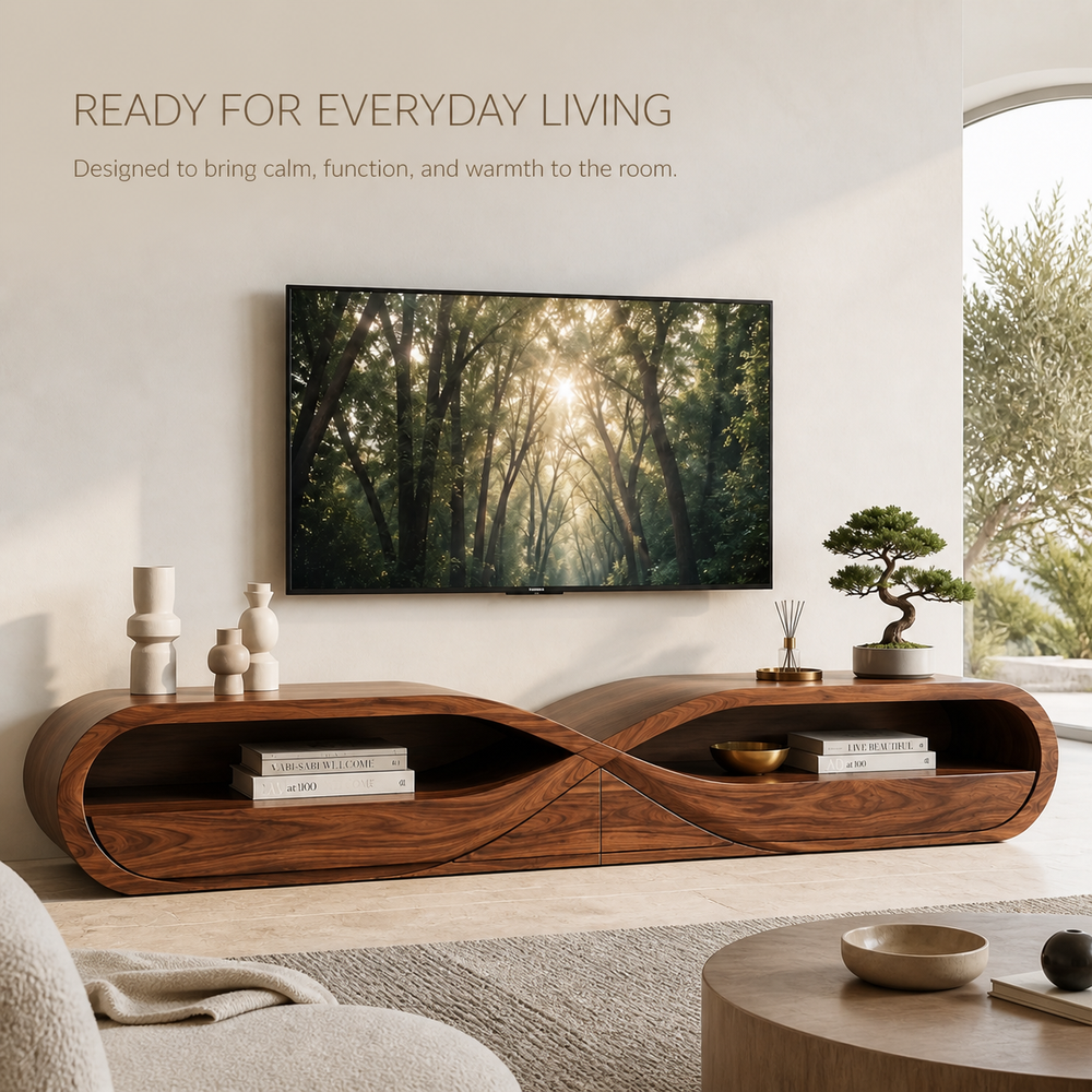 Linnea Sculptural Solid Wood TV Stand - Design 043 - TV stand detail and styling view 06