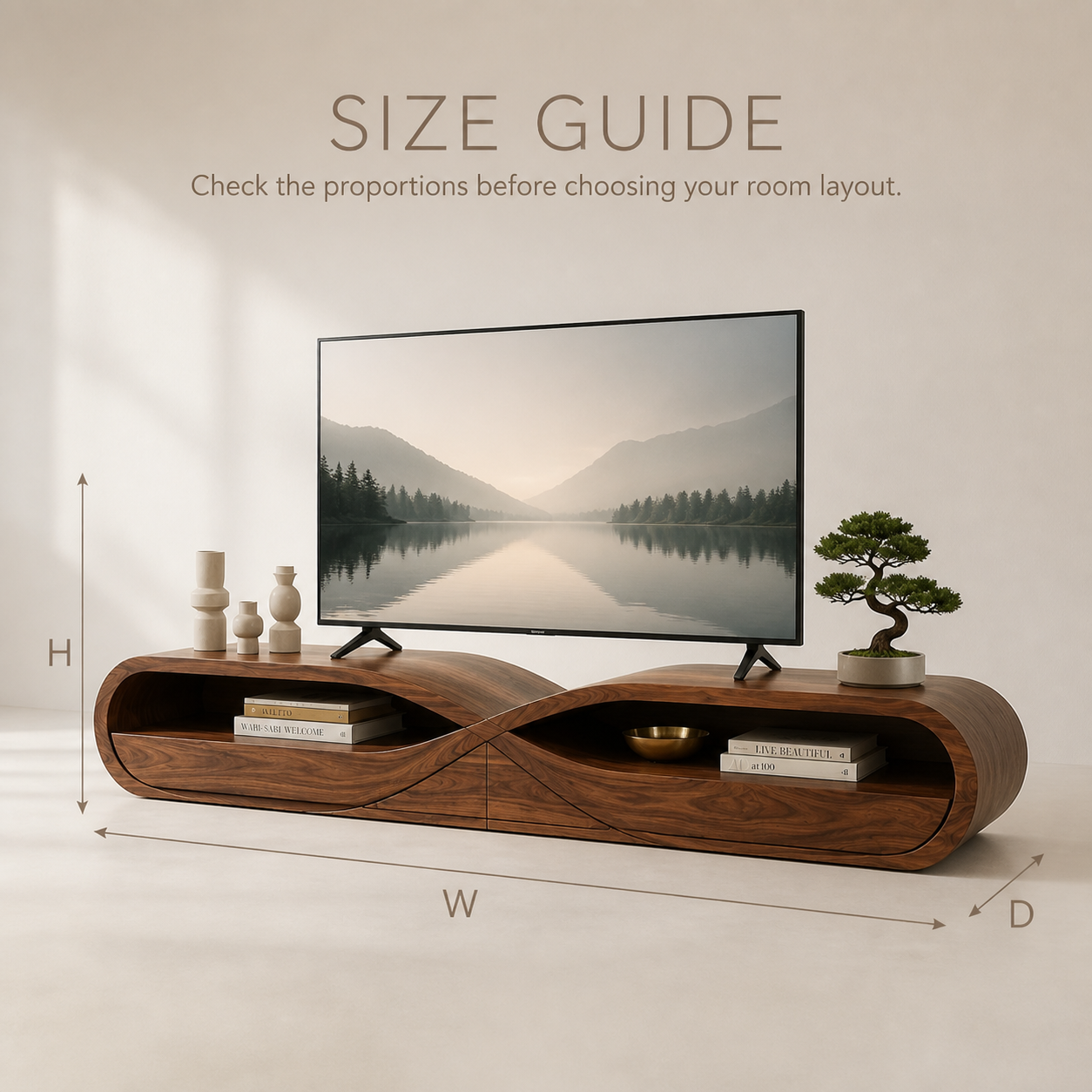 Linnea Sculptural Solid Wood TV Stand - Design 043 - TV stand detail and styling view 07