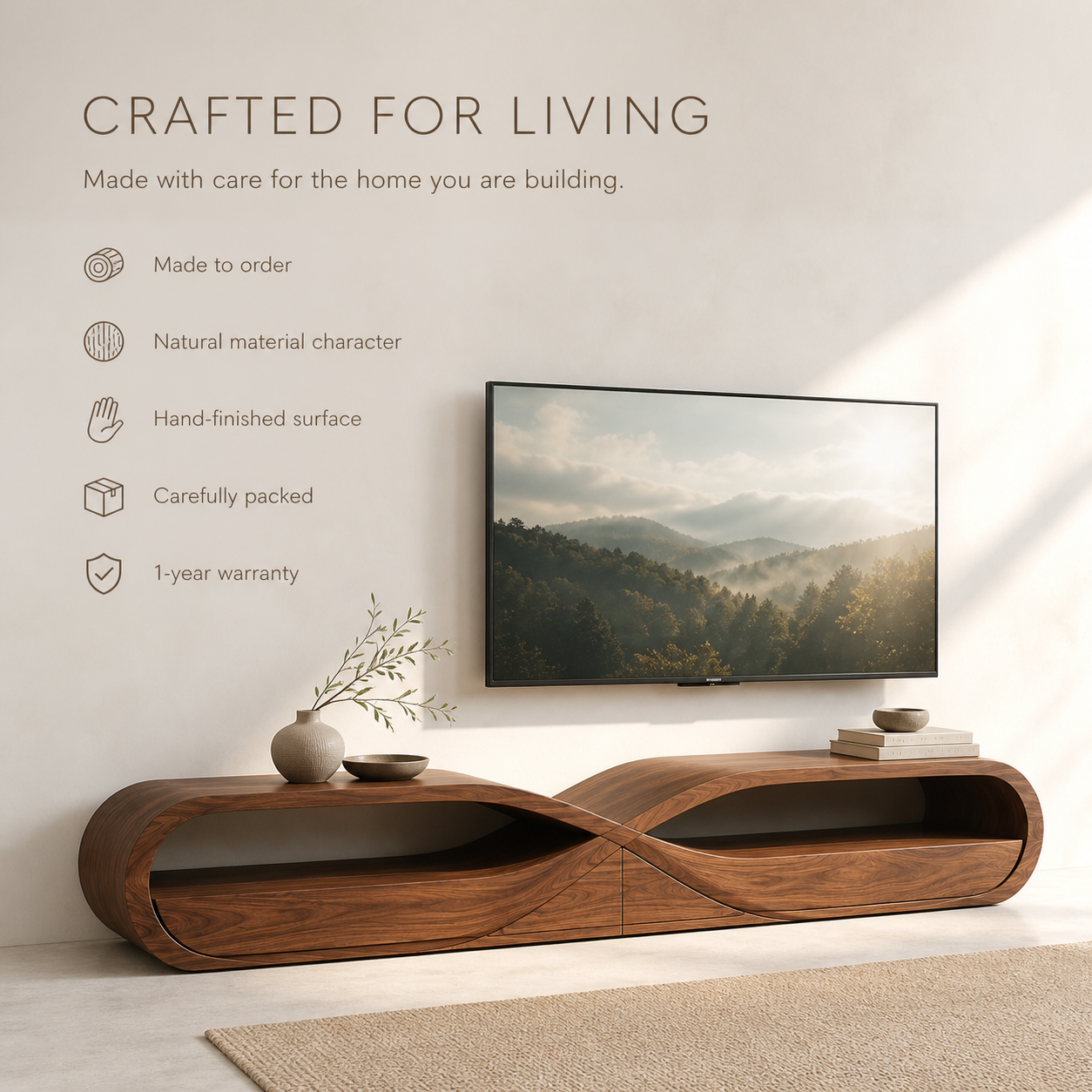 Linnea Sculptural Solid Wood TV Stand - Design 043 - TV stand detail and styling view 08