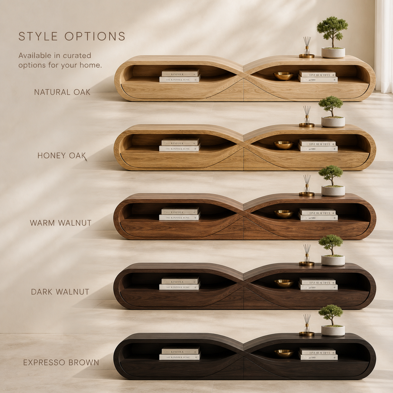 Linnea Sculptural Solid Wood TV Stand - Design 043 - TV stand detail and styling view 10