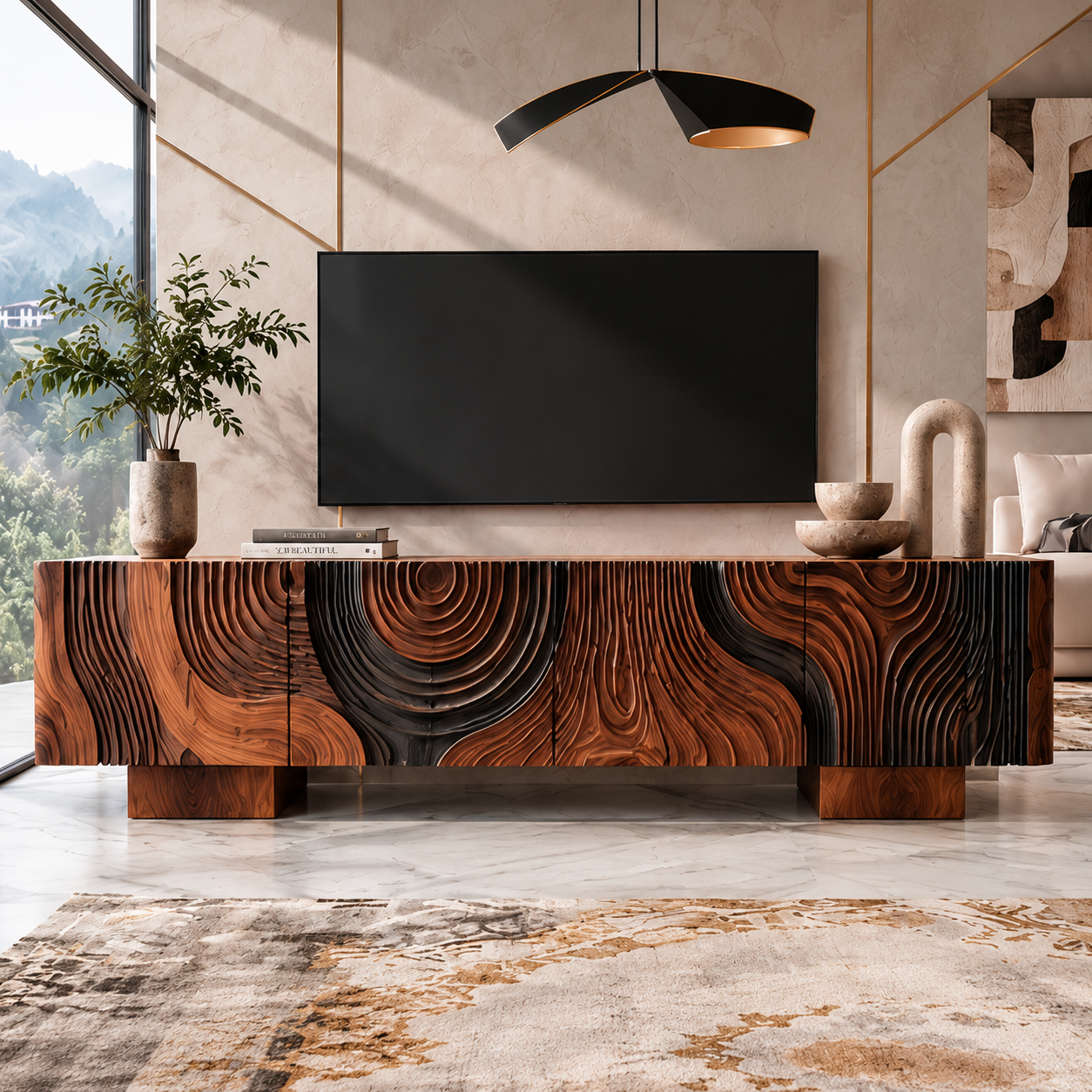 Orla Sculptural Solid Wood TV Stand - Design 044 - premium solid wood TV stand main lifestyle view