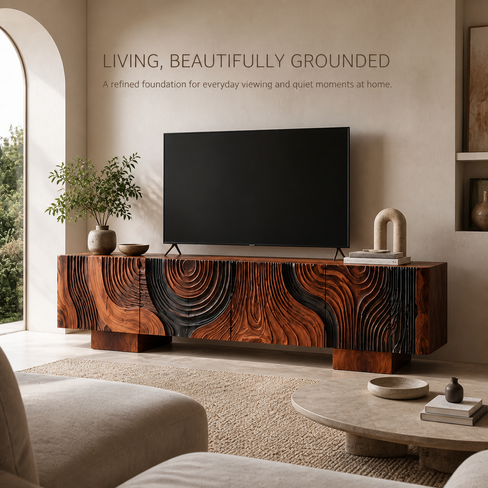 Orla Sculptural Solid Wood TV Stand - Design 044 - TV stand detail and styling view 01