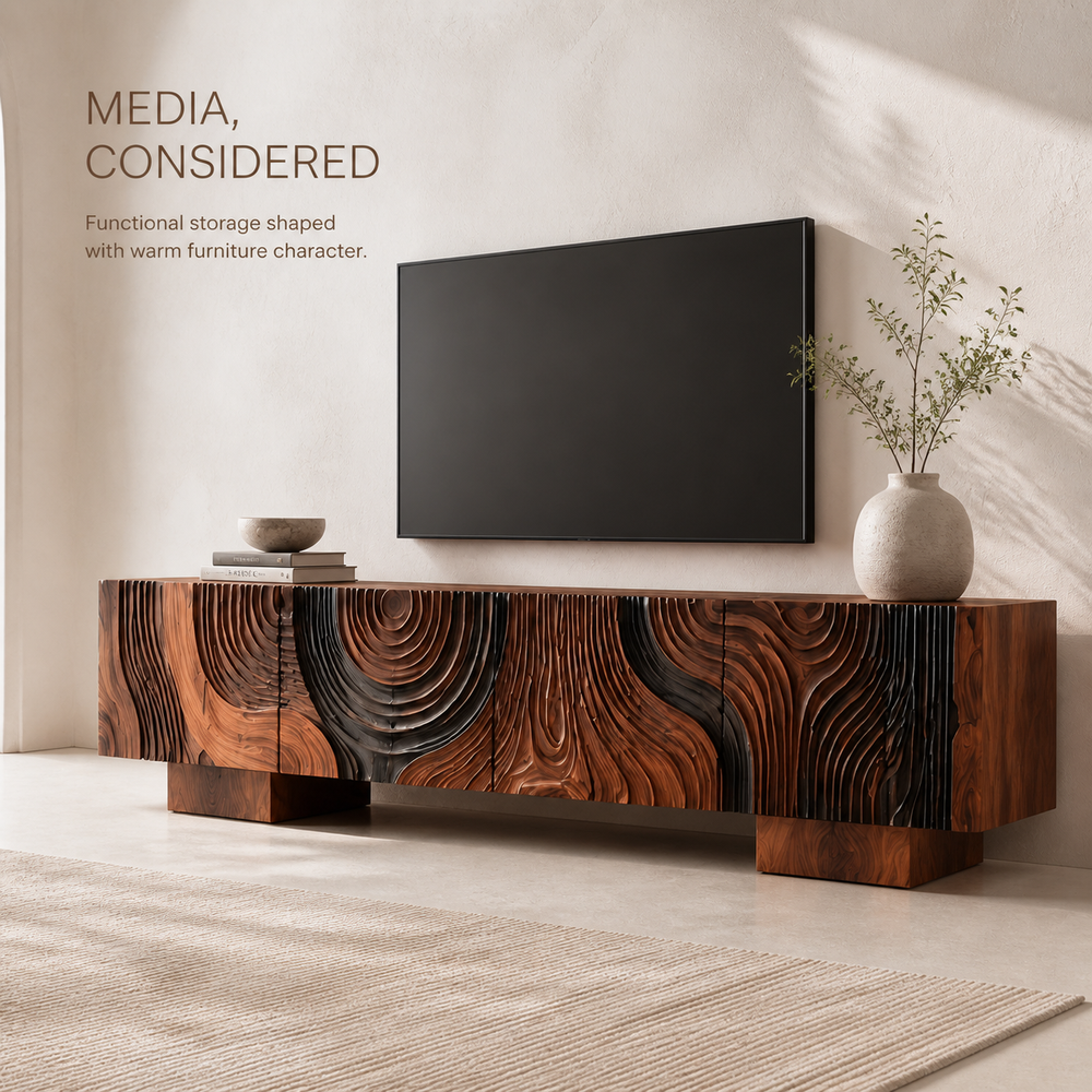 Orla Sculptural Solid Wood TV Stand - Design 044 - TV stand detail and styling view 02