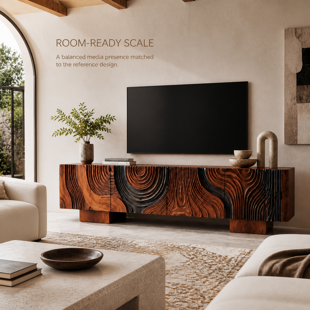 Orla Sculptural Solid Wood TV Stand - Design 044 - TV stand detail and styling view 03