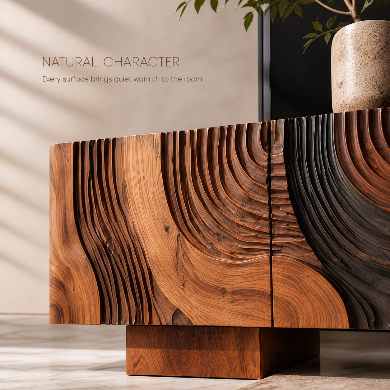 Orla Sculptural Solid Wood TV Stand - Design 044 - TV stand detail and styling view 04