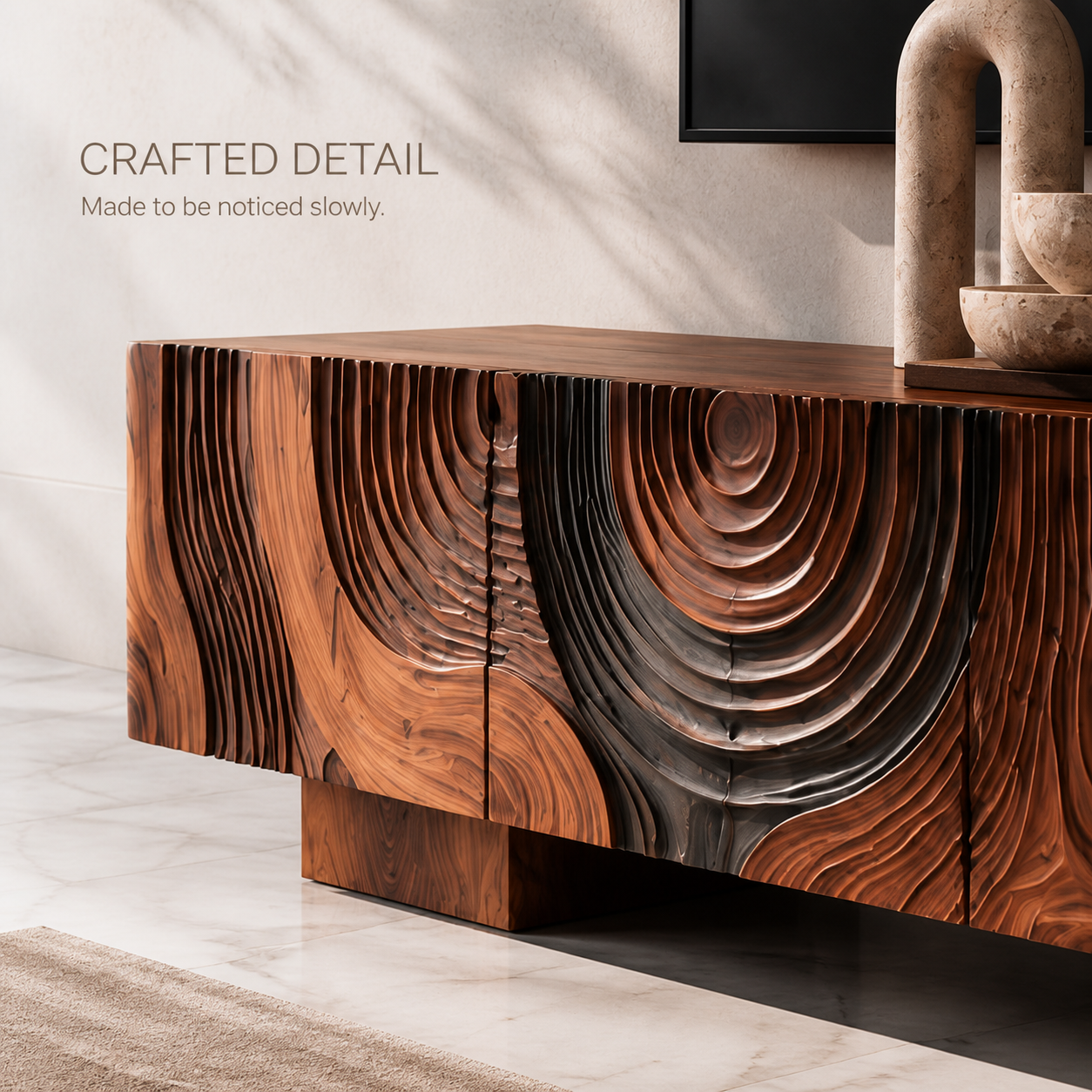 Orla Sculptural Solid Wood TV Stand - Design 044 - TV stand detail and styling view 05