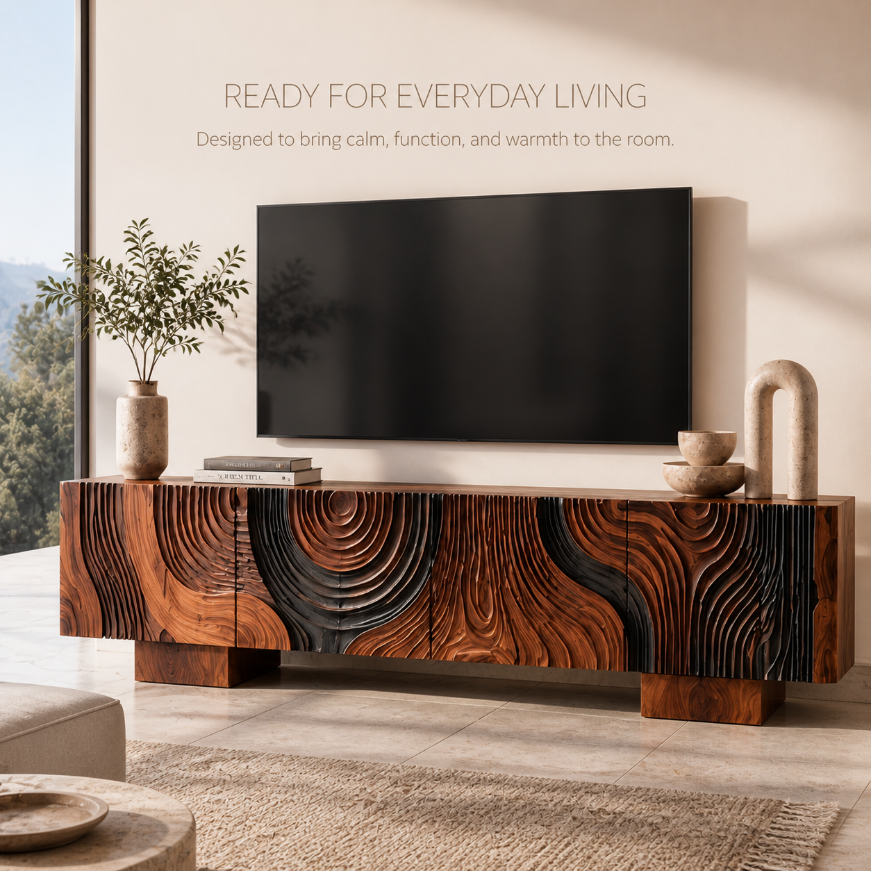 Orla Sculptural Solid Wood TV Stand - Design 044 - TV stand detail and styling view 06