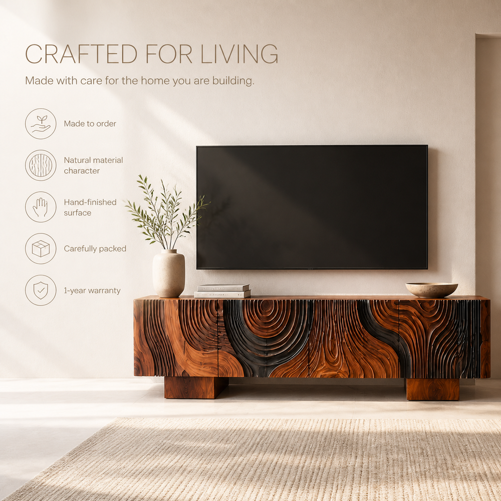 Orla Sculptural Solid Wood TV Stand - Design 044 - TV stand detail and styling view 08