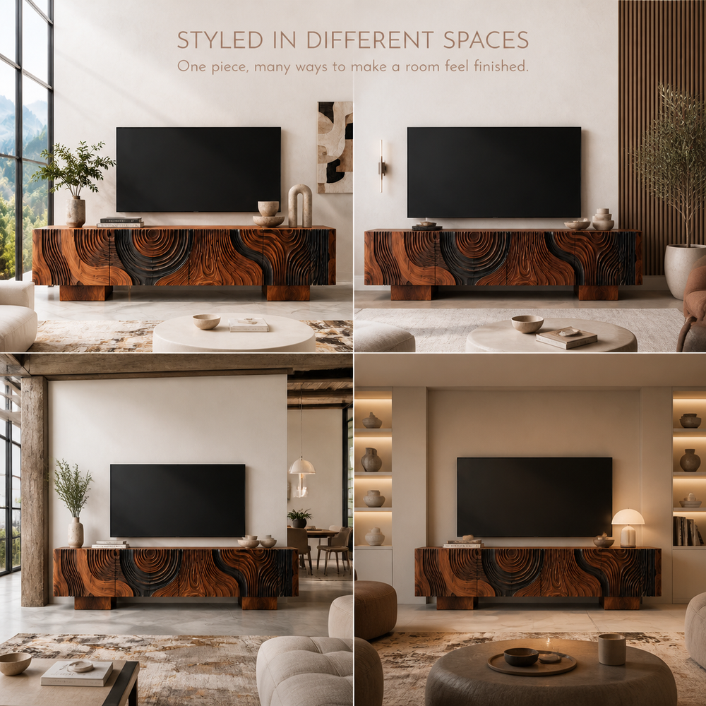 Orla Sculptural Solid Wood TV Stand - Design 044 - TV stand detail and styling view 09